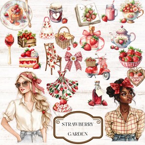 Può includere: Un collage di illustrazioni e grafiche a tema fragola. Include un vestito, uno scooter, una teiera, un barattolo di marmellata, una ciotola di fragole e due donne. Il testo "Strawberry Garden" è in una cornice marrone.