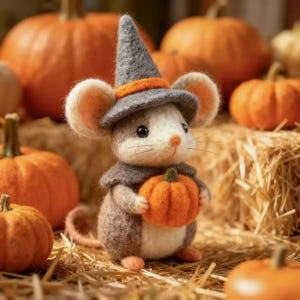 May include: A handmade felt mouse wearing a grey witch's hat with an orange band and cape, holding a small orange pumpkin. The scene is set amongst pumpkins and hay, creating a seasonal autumn or Halloween atmosphere.