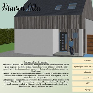 Puede incluir: Representación arquitectónica de una casa moderna de dos pisos, etiquetada como "Maison Alta". El diseño presenta una puerta de garaje de madera, un techo gris oscuro y una persona de pie cerca de la puerta principal. También se muestra el plano de la casa.