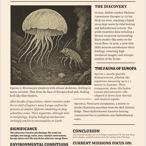 Può includere: Un articolo di giornale con il titolo "Vita confermata nell'oceano di Europa" e un'illustrazione in bianco e nero di una medusa e un gambero. L'articolo tratta della scoperta della vita sulla luna di Giove, Europa, comprese le condizioni ambientali e i tipi di organismi che si trovano lì.