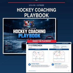 Peut inclure: Un manuel d'entraînement de hockey de 52 pages intitulé The Hockey Kingdom, présentant des stratégies et systèmes sur glace pour les joueurs U13-U18. La couverture montre une patinoire et une page intérieure un schéma de forecheck 2-1-2.