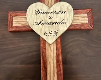 Handmade Red Oak & Padauk Marriage Cross, Personalized Wedding Anniversary Gift