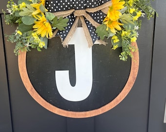 Personalized Initial Door Wreath: Black & Cherry Wood, Burlap Ribbon