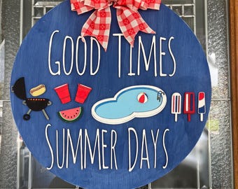 Red White and Blue Summer Wreath: BBQ, Pool, Watermelon