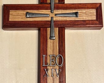 Handmade Red Oak & Padauk Pope Leo XIV Cross with Nails