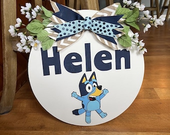 Personalized Bluey Name Wreath: Hand-Painted Wood Door Hanger
