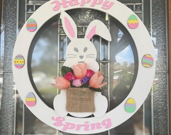 Happy Spring Easter Bunny Wreath: Pastel Eggs & Flower Bouquet