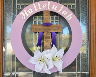 Easter Lily Cross Wreath: Purple Wood 'Hallelujah' Easter Decor