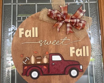 Fall Sweet Fall Wood Wreath: Red Truck, Pumpkin, Coffee & Football