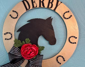 Personalized Kentucky Derby Wreath: Black Horse & Red Rose