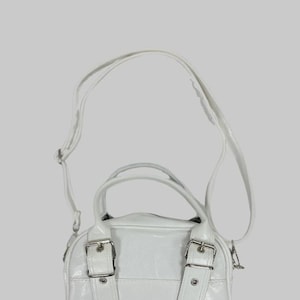 White Patent Mini Handbag – Shiny Small Shoulder Bag with Buckle Straps – Vegan Leather Purse for Women