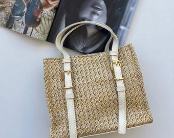 Mini Woven Straw Tote – Faux Leather Strap Summer Beach Bag