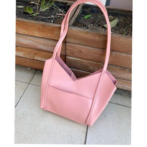 Dusty Pink Vegan Leather Tote Bag with Pouch – Minimalist V-Cut Shoulder Purse