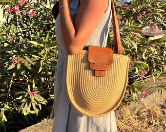 Woven Straw Half Moon Bag – Boho Summer Shoulder Tote for Women