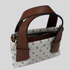 Mini sac imprimé à poignée supérieure - Sac à main à motif blanc avec lanières en similicuir marron, petit sac à main végétalien