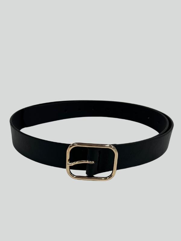 Black Vegan Leather Belt: Gold Square Buckle, Minimalist  display picture 1