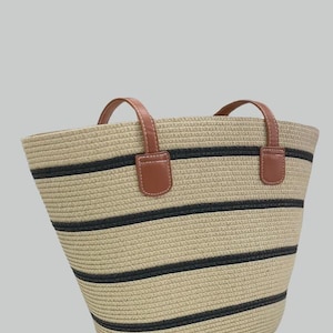 Striped Straw Tote Bag – Large Summer Beach Bag with Brown Handles – Woven Market Bag for Women