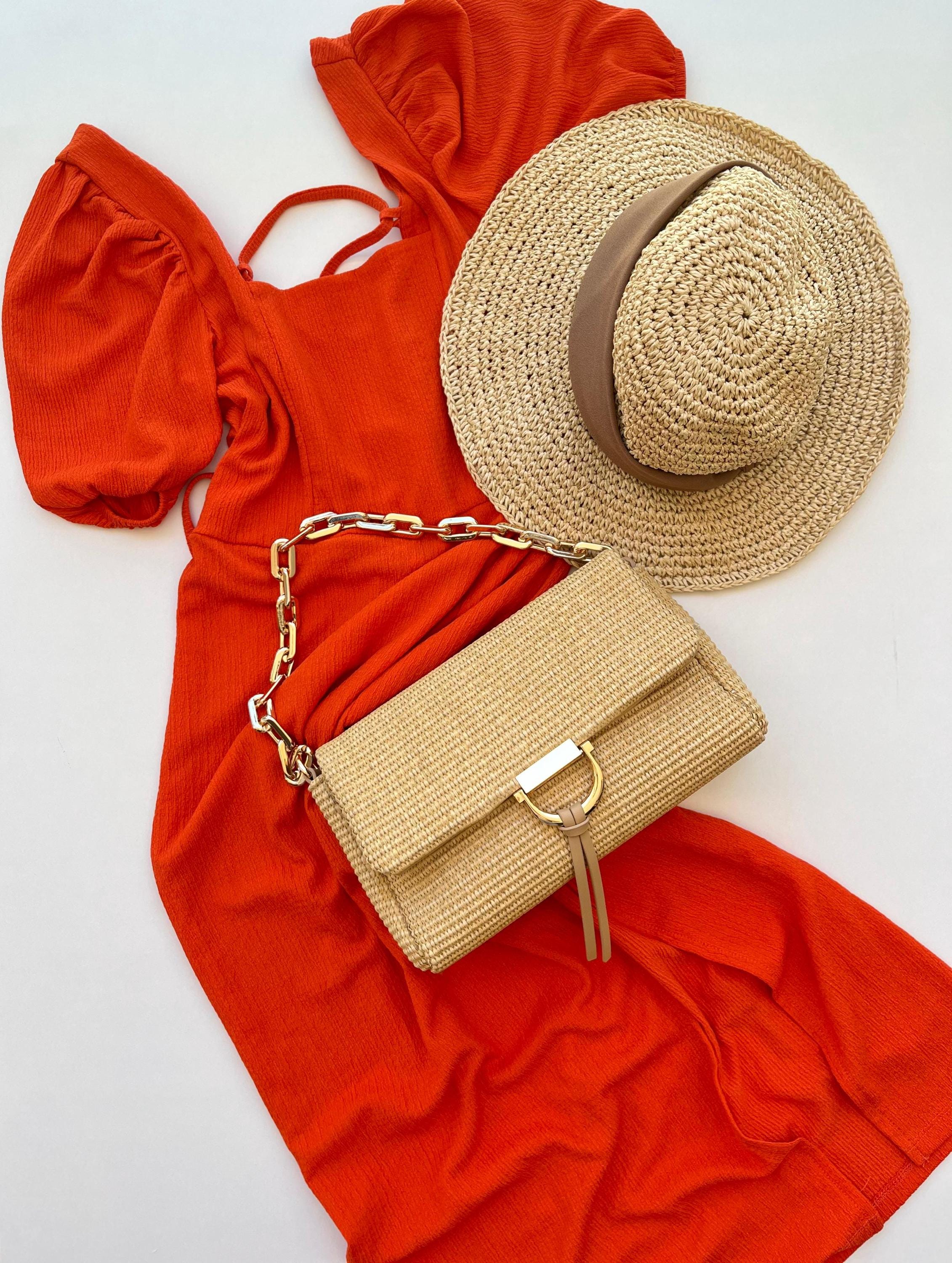 Women Straw Clutch Handbag Small Shoulder Crossbody Purse with Gold Chain KKXIU Top Handle Straw Purse for Women, Summer Straw  main image 2