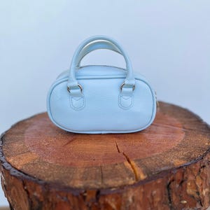 Light Blue Faux Leather Mini Handbag – Glossy Oval Top Handle Purse