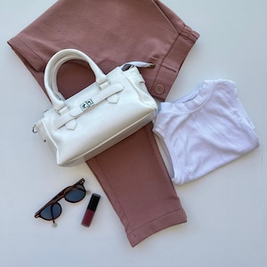 White Mini Top Handle Bag – Elegant Vegan Leather Purse – Small Structured Handbag for Women – Discount Sale