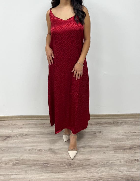 Red Satin Slip Dress - Zebra Jacquard Sleeveless Midi Dress for Women