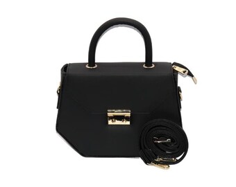 Geometric Vegan Leather Bag – Navy Blue Structured Top Handle Purse