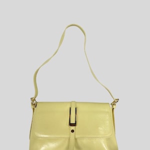 Pale Yellow Vegan Leather Shoulder Bag – Glossy Buckle Flap Mini Crossbody Purse for Women