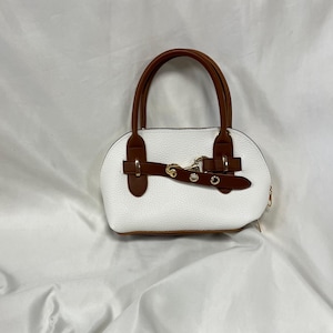 Mini White Top Handle Bag – Small Vegan Leather Purse with Brown Straps and Gold Buckle Detail