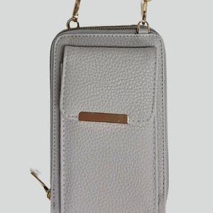 Light Grey Crossbody Phone Bag – Small Vegan Leather Wallet Purse with Card Holder & Zipper, Adjustable Strap