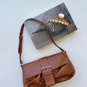 Camel Faux Leather Shoulder Bag – Buckle Flap Minimal Crossbody Purse
