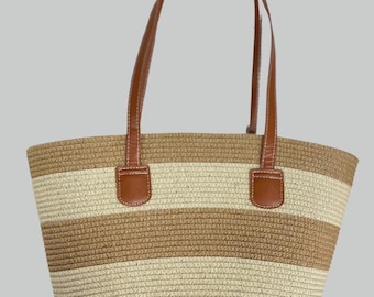 Woven Straw Tote Bag – Two Tone Large Summer Beach Market Bag