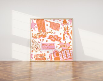 May include: A square wall art print featuring a collage of orange and pink illustrations including a cowboy boot, the state of Oklahoma, a mascot, a foam finger, a stadium, and the text "loyal & true", "OSU", "WELCOME", "pokes", and "PISTOLS FIRING".