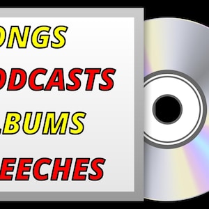 Peut inclure: Un CD argent&eacute; avec une &eacute;tiquette blanche sur laquelle est inscrit "SONGS", "PODCASTS", "ALBUMS" et "SPEECHES" en texte jaune et rouge.