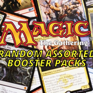 May include: A collection of Magic: The Gathering trading cards, with the game's logo and text "RANDOM ASSORTED BOOSTER PACKS" in the center. Cards feature various illustrations and text.