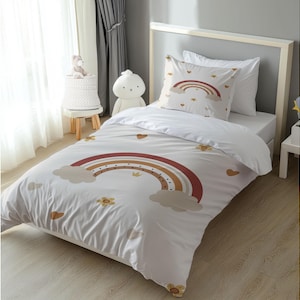 Personalized Rainbow Duvet Cover Set for Kids, Custom Bedding for Single Beds, Colorful Children’s Bedroom Decor
