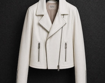 Off-white Genuine Leather Cropped Moto Biker Jacket, Minimalist Streetwear Style