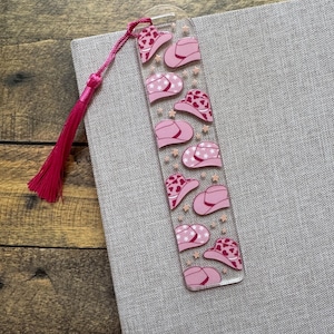 Pink Cowboy Hat Acrylic Bookmark with Tassel | Western Cowgirl Clear Bookmark | Fun Cute Bookish Gift for Book Lovers