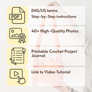 May include: A digital crochet pattern guide featuring a peach-colored crocheted bag. The text includes ENG/US terms, Step-by-Step instructions, 40+ High-Quality Photos, Printable Crochet Project Journal, and a Link to Video Tutorial with icons.