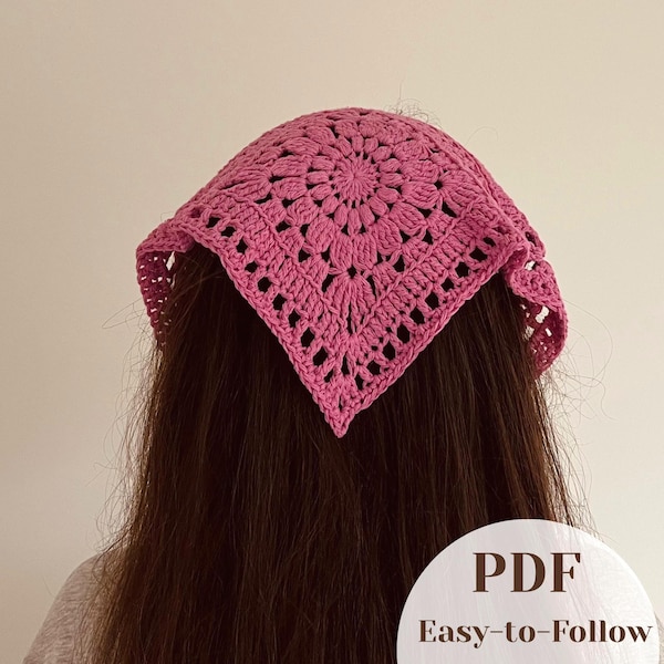 Crochet Bandana Pattern: Pink Granny Square Headscarf (PDF Tutorial)