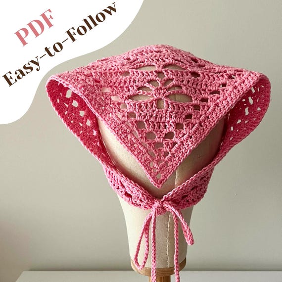 Crochet Bandana Pattern: Pink Flower Butterfly Headscarf  display picture 2