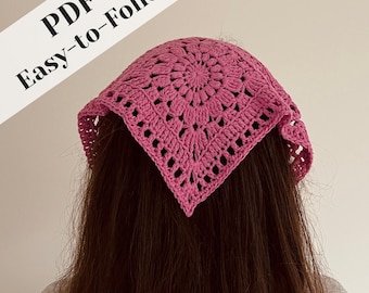 Crochet bandana pattern - Pink granny square - Flower headband triangle headscarf - Kerchief pattern - Medium weight yarn - Tutorial PDF