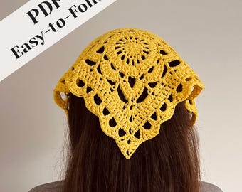 Crochet bandana pattern - Yellow granny square - Flower headband triangle headscarf - Kerchief pattern - Medium weight yarn - Tutorial PDF