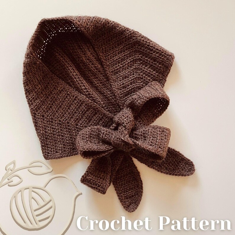May include: A brown crochet bonnet with a bow. The bonnet is made of a textured yarn and features a large bow at the front. The text "Crochet Pattern" is at the bottom of the image.