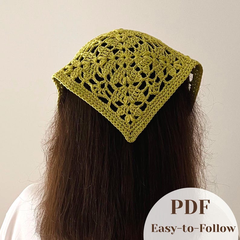 Chartreuse Granny Headscarf crochet bandana pattern listing photo by VirkaFageln