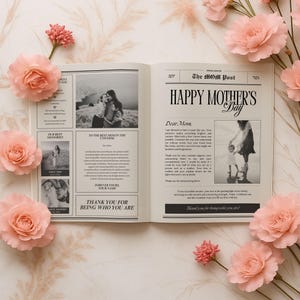 Cartão de jornal com feliz Dia das Mães | Digital ou impresso e enviado | Cartão "Eu te amo" | Prêmio de melhor mãe | Tabloide ou A4, Presente de filho ou filha