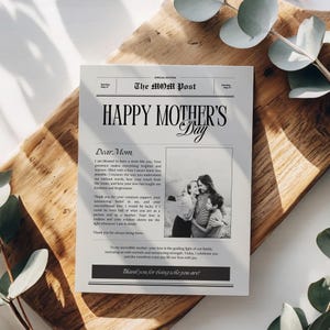 Cartão de jornal com feliz Dia das Mães | Digital ou impresso e enviado | Cartão "Eu te amo" | Prêmio de melhor mãe | Tabloide ou A4, Presente de filho ou filha
