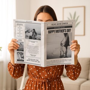Cartão de jornal com feliz Dia das Mães | Digital ou impresso e enviado | Cartão "Eu te amo" | Prêmio de melhor mãe | Tabloide ou A4, Presente de filho ou filha