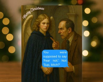Puede incluir: Tarjeta de Navidad con una pintura de estilo renacentista que representa a un ángel y un hombre. El ángel lleva una capa azul y el hombre señala. Burbuja de texto: 'You were supposed to say 'Fear not.' Not 'Sup, bitch?''. 'Merry Christmas' está escrito arriba.