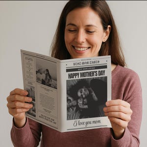 Cartão de jornal com feliz Dia das Mães | Digital ou impresso e enviado | Cartão "Eu te amo" | Prêmio de melhor mãe | Tabloide ou A4, Presente de filho ou filha