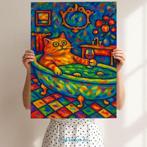 面白いウォールアートポスター｜カラフルな猫の抽象表現主義ペットプリント＆発送｜ファインアートプリント｜アート好きへのギフト